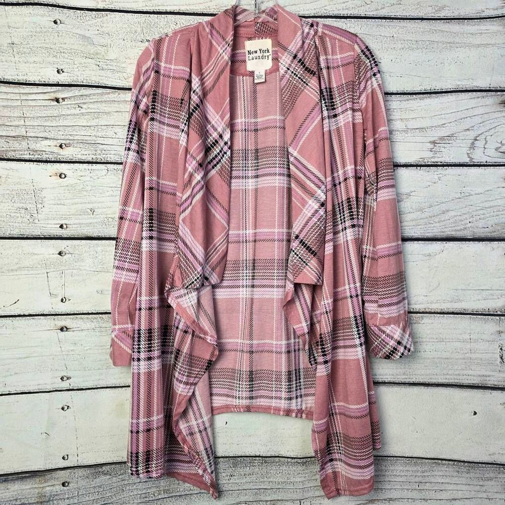 New York Laundry Pink Plaid Open Front Cardigan Small
